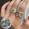 Adjustable retro silver heart signet ring and hollow chain style with hammered texture - Hammered Gold Heart/Double Ring Chain