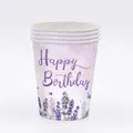 Détail de gobelets en papier lavande avec texte Happy Birthday et motifs floraux - Gobelet en Papier Lavande