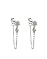 Elegant silver flower stud earrings with zircon crystals and long chain detail - Silver