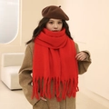 Classic bright red winter scarf with thick knit and soft fringe tassels for women - Coarse Boucle Yarn Tassel Style / Red