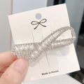Silver bow hair clip with sparkling crystals and elegant white pearls for women - Silver Cross Pearl Side Clip