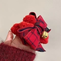 Rote Plüsch-Haarklammer zu Weihnachten mit karierter Schleife und goldener Glocke - Rot