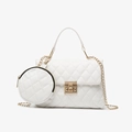 White quilted crossbody bag with gold chain strap and matching small round coin purse - White