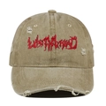 Close-up of red LOST MY HEAD embroidery and distressed holes on khaki washed cotton cap - One Size / Khaki
