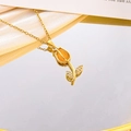 Golden tulip necklace with orange cat-eye stone and zircon leaves on fine chain - Orange Cat Eye Necklace / Gold
