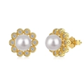 Elegant S925 silver flower pearl earrings with sparkling zircon accents in gold finish - Flower Pearl Stud Earrings / Gold