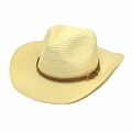 Western Strohhut in Beige für Damen und Herren mit dekorativem braunem Lederband - M (56-58cm) / Creme