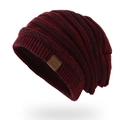 Unisex burgundy and black knit beanie with brown leather sport mountain patch - Mixed Wine Red