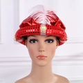 Arabian style red sequin festival hat with a large white feather and pearl accents - A14-2 Aladdin Hat Red