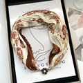 Pleated silk scarf necklace with red floral pattern and pearl magnetic buckle - Rose Buckle-Floral Brown / 37cm