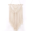 Beige Bohemian hand-woven cotton macrame wall hanging tapestry with elegant long tassels - Wooden Stick Lace Hanging Decor