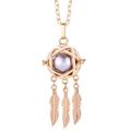 Collier attrape-rêves doré avec perle grise et trois pendentifs en plumes - Or Cage Creuse Perle Grise Plume (20)