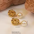 Gold twist knot pearl drop earrings in stainless steel with size measurements - Knot Style Artificial Pearl (FYD6126)