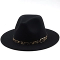 Detailed close-up of the leopard print band and gold buckle on a black wool fedora hat - M (56-58cm) / Black