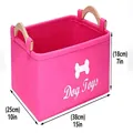 Pink felt dog toy storage bin with wooden handles and bone print dimensions - Pink Bone Style