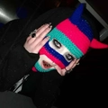 Handmade crochet balaclava mask with devil horns in blue, pink and green color block - Adult 56-59cm / Style 1