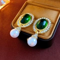 Vintage gold earrings with green oval gemstone and white pearl in a brown jewelry box - 32 Silver Pin-Green