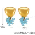Detail of gold triangle earrings with light blue glass beads on stainless steel base - Triangle Blue Cluster Style (F332) / Gold/Blue