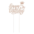 Roségoldener Tortenaufsatz Happy 5th Birthday mit Glitzer, Krone und Sternen - 5. Geburtstag (Stil 5) / Roségold