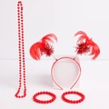 Detail view of Independence Day set including a red feather headband and bead necklace - 4-Piece Set / Red Wig+Necklace+Bracelet