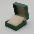 Green faux leather watch box with lychee texture and soft beige velvet interior cushion - Green Exterior Beige Interior