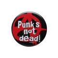 Round Punk's Not Dead tinplate badge with red anarchy symbol and metal pin back - Punk is not dead Red