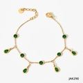 Gold stainless steel anklet with green zircon charms and teardrop pendants - Gold With Green Zirconia (JAK290)