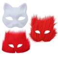 DIY Halloween set with one white cat pulp mask and two plush long-hair red fox masks - DIY Paper Pulp Mask And Accessories (Red)