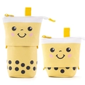 Yellow canvas boba tea telescopic pencil case showing extended and collapsed positions - Mango Milk Tea