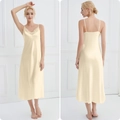 Elegant champagne satin long nightgown with delicate lace V-neckline and thin straps - Champagne Yellow