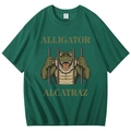 Dark green short sleeve T-shirt with Alligator Alcatraz cartoon print on plain white background - Dark Green