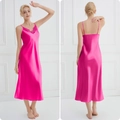 Elegant rose red satin nightgown with lace trim and slim fit design, front and back view - S / Rose Red
