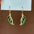 Elegant gold feather earrings with green olive-shaped rhinestones and white accents - Gold Green Gem Feather Earrings