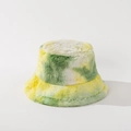 Close-up of soft plush tie-dye bucket hat showing yellow and green faux fur texture - M(56-58cm) / Yellow-Green Tie-Dye (No.4)