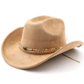 Western suede cowboy hat in camel with colorful beaded ethnic style headband trim - M(56-58cm) / Dark Camel