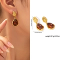 Vintage golden teardrop earrings with brown amber resin inlay for stylish women - Zjge0581