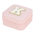 Portable pink travel jewelry box featuring a white letter K embroidery and zipper - Letter K (No Mirror) (FS61) / 10x10x5cm