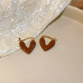 Brown heart-shaped enamel earrings with golden metal edges in a minimalist stud style - No.3 Dark Coffee Heart Ear Buckle Earrings