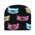 Knitted black beanie featuring colorful cat prints with glasses and soft textures - Cat