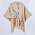 Elegant beige cashmere-like poncho shawl with waist tie and tassel edges for women - Solid Color Tassel Tie / Khaki