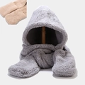 Plush grey hooded scarf set with cute bear ears and integrated mittens for winter - M (56-58cm) / Plain With Pockets Gray