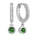 Elegant silver huggie hoop earring with green round zircon stone and crystal pavé - Green (Silver)