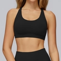 Matte black cross-back sports bra with elastic fabric for yoga and fitness - Premium Black