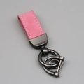 Pink suede leather keychain with black metal hardware and reinforced pink stitching - Short Style / Pink/Gun Grey