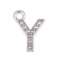 Detailed view of silver Y-letter pendant featuring high-quality white rhinestone pavé setting - Letter Y