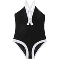 Detail of girls one-piece swimsuit with pearl heart buckle and lace texture - 152 / Black