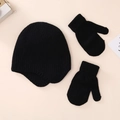 Detailed knit texture of baby winter earflap hat and mittens set in solid black - Hat Gloves Combo / Black