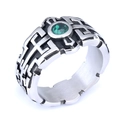 Detailed view of a vintage silver Masonic ring with a green gemstone and engraved motifs - US Size 8 / Steel Color Green Gemstone Style 2