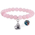 Pink natural stone beads bracelet with silver heart photo projection pendant - Rose Quartz