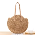 Khaki round straw woven shoulder bag with faux leather straps for beach vacations - Large Camel